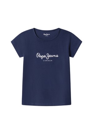 Marineblaues T-Shirt mit kurzen Ärmeln, Rundhalsausschnitt und weißem "Pepe Jeans London"-Logo mittig auf der Vorderseite.
