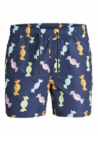 Pantaloni da bagno navy con un vivace motivo a caramelle, vita elastica con cordoncino e tessuto leggero per il massimo del comfort.