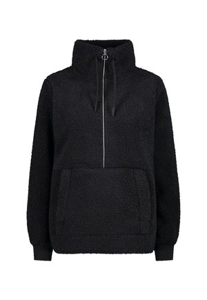 Zwarte fleece trui met hoge kraag, halve ritssluiting met ringtrekker, vooraan een kangoeroezak en geribde boorden aan de lange mouwen.