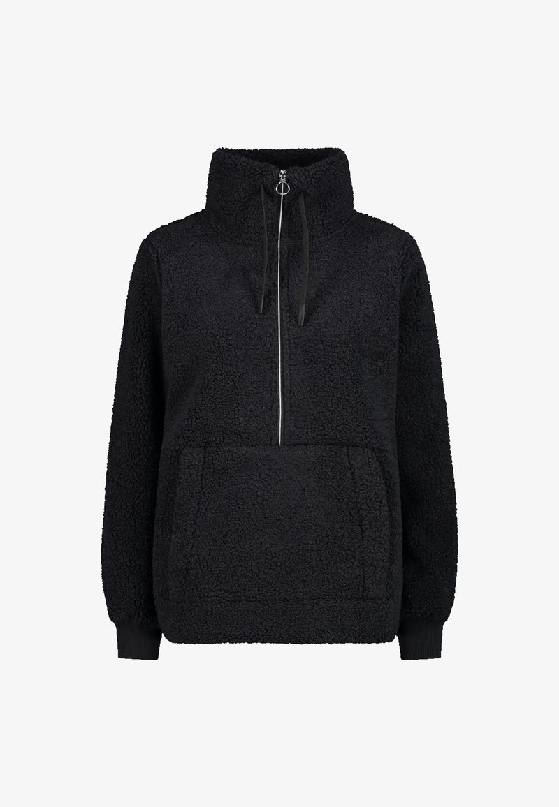 Pull polaire noir avec col montant, demi-fermeture éclair avec tirette anneau, poche kangourou à l'avant et poignets côtelés sur manches longues.