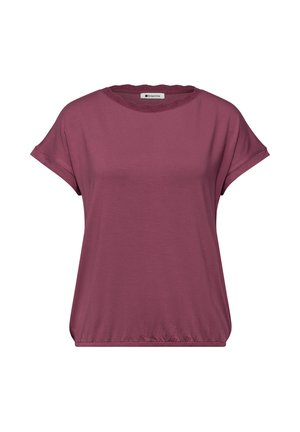 Korte mouwen mauve blouse met elastische zoom en geschulpte ronde halslijn, gemaakt van zachte stof, weergegeven tegen een witte achtergrond.