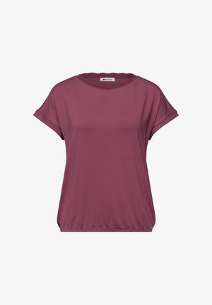 Korte mouwen mauve blouse met elastische zoom en geschulpte ronde halslijn, gemaakt van zachte stof, weergegeven tegen een witte achtergrond.