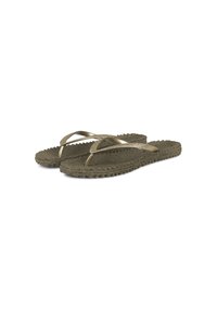 Olive green flip-flops with textured rubber soles, featuring metallic gold straps and a slip-resistant design.