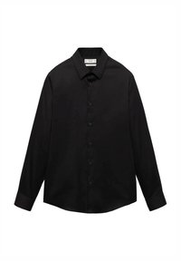 Black long-sleeve shirt made from a smooth fabric, featuring a button-up front, standard collar, and slightly curved hem.