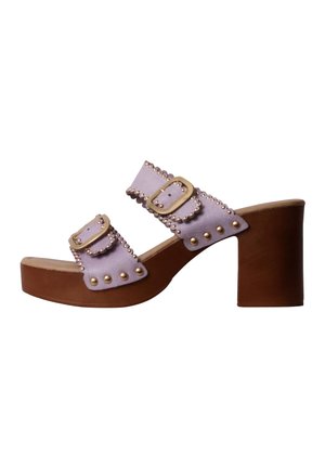 Purple suede open-toe sandal with two adjustable buckled straps and gold stud accents on a chunky wooden block heel.