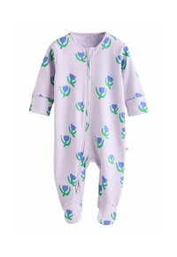 Kerge lilla kombinesoon pikkade varrukatega, millel on siniste lillede ja roheliste vartega lillemuster. Ees on lukuga sulgus.