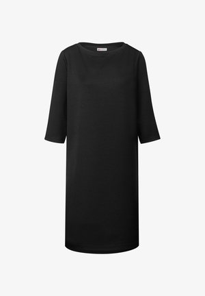 Mustan, polvipituinen mekko, joka on valmistettu pehmeästä kankaasta ja jossa on pyöreä pääntie ja kolmasosa hihat, suora leikkaus ilman kuvioita.