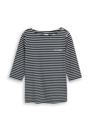 Marinesblauw en wit horizontaal gestreept shirt met driekwart mouwen en kleine geborduurde tekst en hartje op de linkerborst.