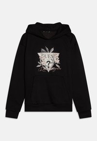Felpa nera con cappuccio dotata di tasca frontale, design grafico triangolare con accenti floreali e testo "GUESS U.S.A.". Tessuto morbido con vestibilità comoda.