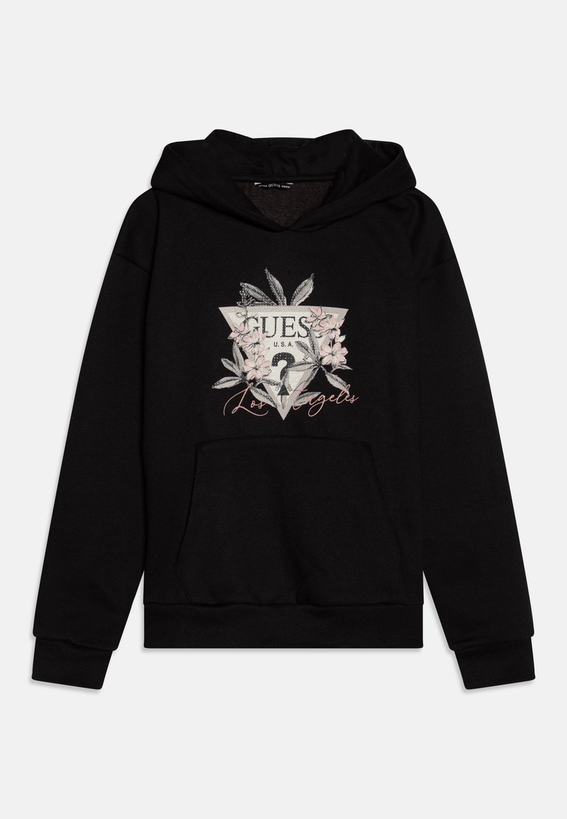 Felpa nera con cappuccio dotata di tasca frontale, design grafico triangolare con accenti floreali e testo "GUESS U.S.A.". Tessuto morbido con vestibilità comoda.