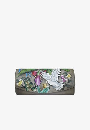 Leather wallet in gray with colorful floral and bird designs. Features a textured surface and a flap closure, highlighting nature motifs.