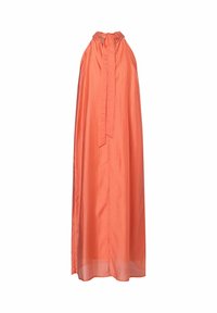 Maxikleid aus Korallenstoff, ärmellos, mit hohem Neckholder-Ausschnitt und langem Halsbändchen, locker fallende Passform, leichtes Gewebe.