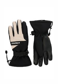 Izolované rukavice s čierno-svetlo béžovým dizajnom, vyrobené z vodeodolného materiálu s textúrovanými dlaňami a nastaviteľnými zápästnými popruhmi.