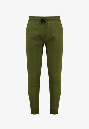 Pantalones de chándal verdes fabricados en una tela suave, con cintura de cordón, puños acanalados y un bolsillo lateral. Diseño simple, ajustado y con un mínimo de detalles.