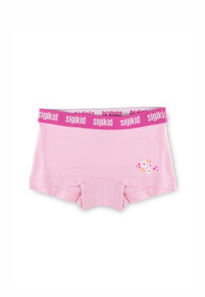 Pink cotton shorts with a contrasting pink waistband featuring "sigikid" text. Decorated with a small floral design.