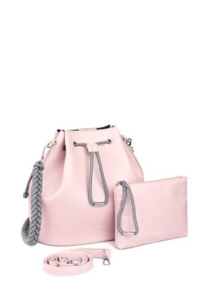 Pink leather bucket bag with braided grey drawstring, silver hardware, matching zippered pouch, and detachable strap. Smooth texture.