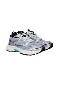 Sportschoenen met een zilveren en lila mesh bovenwerk, zwarte accenten, witte veters en een textuur rubberen loopzool. Kenmerkt een blauwe tussenzool detail.
