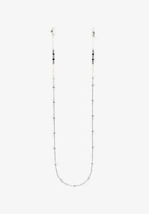Weiße und schwarze Perlenbrillenkette mit Metallverschlussverbindern und kleinen silbernen Kettengliedern, gleichmäßig über die Länge verteilt.