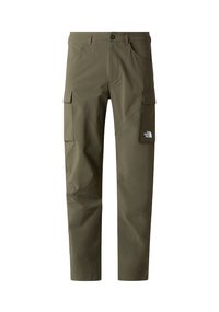 Pantalon cargo vert olive, en tissu léger. Comprend plusieurs poches latérales, une coupe droite et un petit patch logo sur la jambe.
