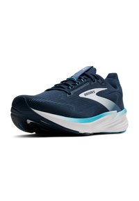 Vyriški bėgimo batai, tamsiai mėlynas orui pralaidus viršus su šviesiai mėlynomis detalėmis, paminkštintas baltas padas, kontūruotas dizainas, tekstūruotas paviršius ir raištelių sistema.