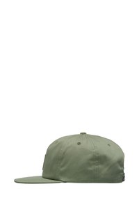 Green cotton cap with a flat brim, six ventilation holes, and a stitched logo patch on the back. Simple design with a solid color finish.