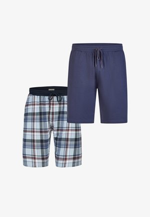 Deux paires de shorts pour hommes avec cordon de serrage : une bleu marine unie, une bleu clair avec un motif à carreaux bleu marine, blanc et rouge.