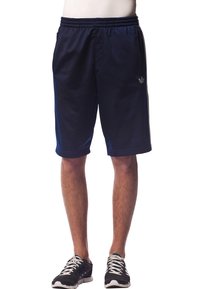 Navy athletic shorts made of lightweight fabric. Features an elastic waistband, side pockets, and a small silver logo on the left side.