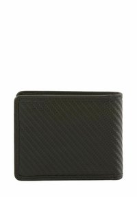 Portefeuille noir en matériau texturé, avec un motif en fibre de carbone, au design bifold et aux bords lisses.
