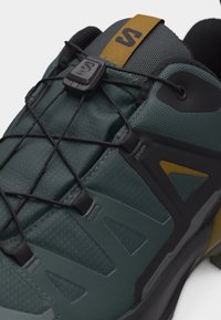 Σκούρο πράσινο και μαύρο αθλητικό παπούτσι με σύστημα γρήγορου δέσιμου και κίτρινο λογότυπο της μάρκας στη γλώσσα και την πλευρική πλευρά.