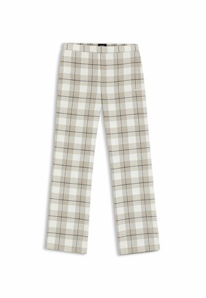 Plaid trousers with a cream base, featuring light brown and dark gray lines. Straight leg design with an elastic waistband.