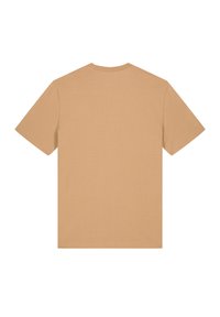 Kurzärmliges T-Shirt aus leichtem beige Baumwollstoff mit Rundhalsausschnitt und glatter, gleichmäßiger Textur. Einfaches Design ohne sichtbare Grafiken oder Muster.