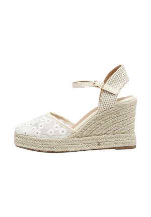 Sandalia espadrille de cuña con suela trenzada beige, puntera cerrada de encaje floral y tira ajustable en el tobillo con hebilla.