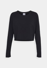 Black long-sleeve cropped top made from soft fabric. Features a round neckline and minimalistic design with no visible patterns or logos.