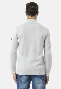 Grauer Strickpullover mit Rundhals und gerippten Bündchen, aus strukturiertem Stoff. Das Modell trägt blaue Jeans und ist von hinten zu sehen.