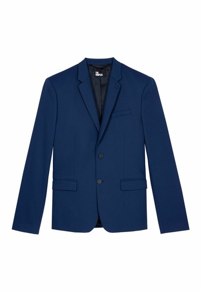 Navyblaues Blazer aus glattem Stoff mit zwei Knöpfen, Revers, seitlichen Taschen und einer Brusttasche. Taillierte Passform.