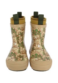 Bottes de pluie en caoutchouc beige avec un motif ludique de dinosaure et de feuillage. Dotées d'accents verts sur le haut et de semelles texturées pour une meilleure adhérence.