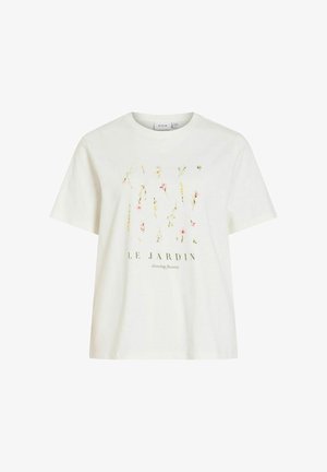 Hvid t-shirt med korte ærmer med små, spredte blomsterprint og teksten "LE JARDIN" og "dancing flowers" i midten foran.