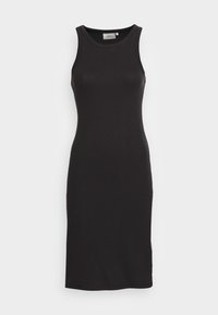Czarna sukienka bez rękawów wykonana z miękkiego, elastycznego materiału; dopasowany krój z okrągłym dekoltem i długością do kostek.