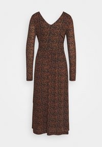 Černé šaty s dlouhým rukávem a výstřihem do V s oranžovým abstraktním vzorem. Přiléhavý živůtek, rozšířená sukně, délka po střed lýtek, texturovaná látka.