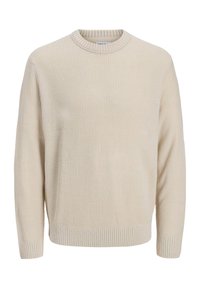 Cream-colored knitted sweater with a ribbed round neck, textured pattern, and ribbed cuffs and hem. Soft material, casual design.