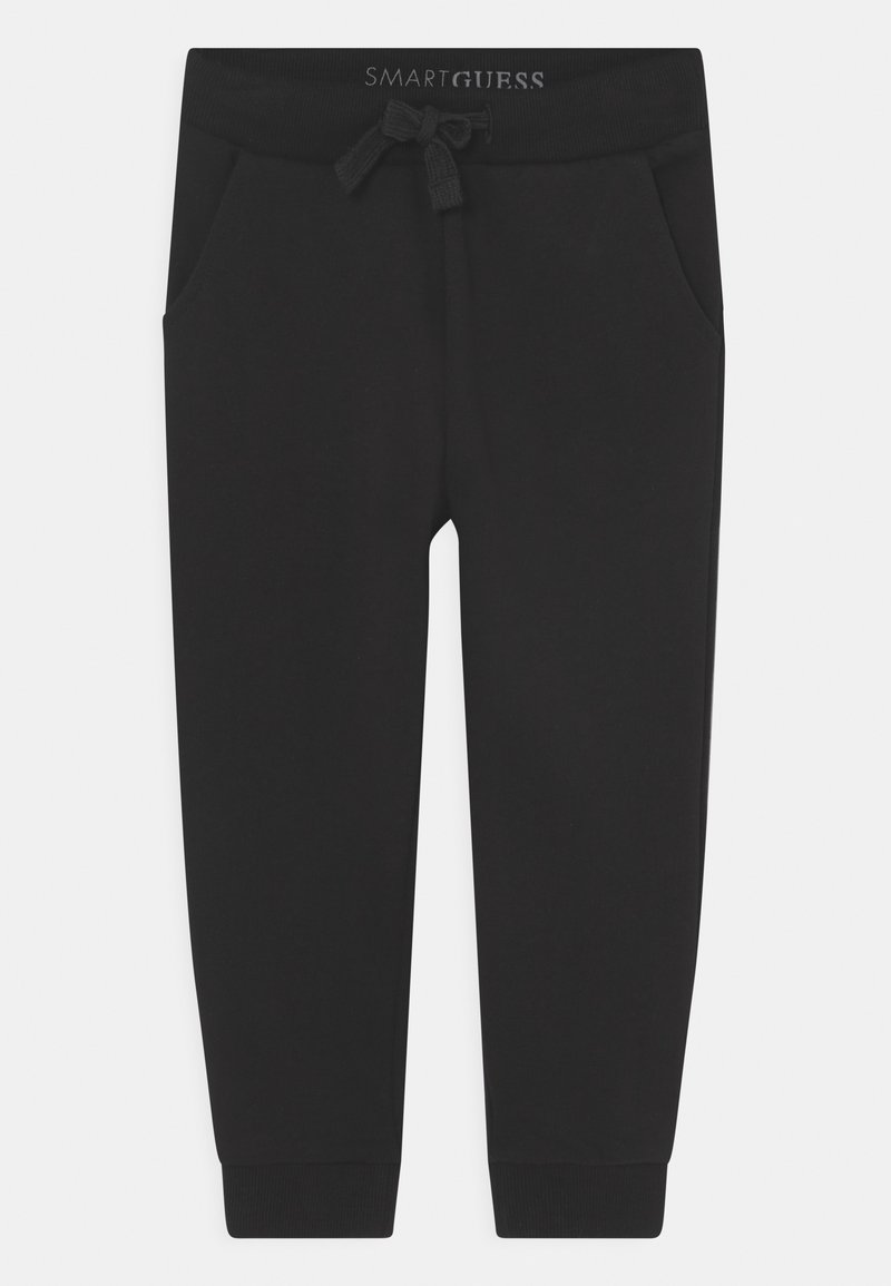 Pantalon de jogging noir décontracté avec taille élastique, cordon de serrage, poches latérales et bords-côtes aux chevilles.