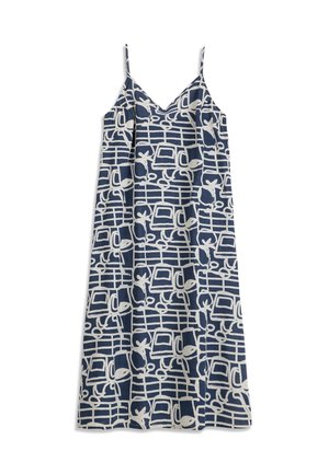 Robe bleu marine sans manches avec fines bretelles et motif floral et géométrique abstrait blanc, présentant un décolleté en V et une silhouette trapèze.