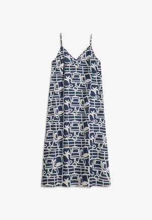 Robe bleu marine sans manches avec fines bretelles et motif floral et géométrique abstrait blanc, présentant un décolleté en V et une silhouette trapèze.