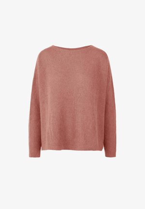 Roze gebreide trui met een ontspannen pasvorm, brede halslijn, lange mouwen en een zachte textuur. Heeft een eenvoudig, onopgemaakt ontwerp.