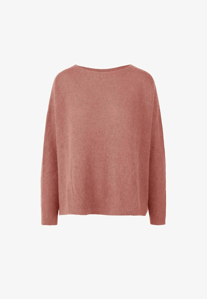 Różowy sweter z dzianiny o luźnym kroju, szerokim dekolcie, długich rękawach i miękkiej fakturze. Posiada prosty, nieozdobiony design.