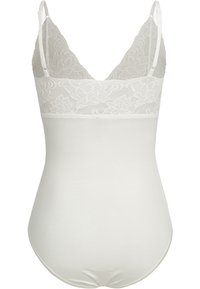 Witte bodysuit met kantafwerking aan de bovenkant, met verstelbare spaghettibandjes en een gladde textuur overal.