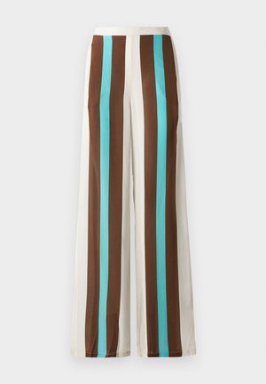 Pantalons à jambes larges avec des rayures verticales marron, crème et turquoise. Fabriqués en tissu léger avec une texture lisse et une taille élastique.