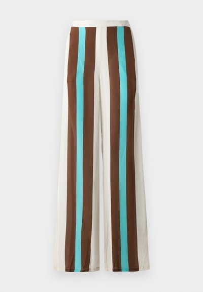 Pantaloni cu croi larg, cu dungi verticale în nuanțe de maro, crem și turcoaz. Fabricati dintr-un material ușor, cu o textură netedă și talie elastică.