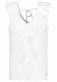 Vit ärmlös topp med volangkrage, ögonlappstyg och knytbak. Har en texturerad yta med cirkulära utskärningar.