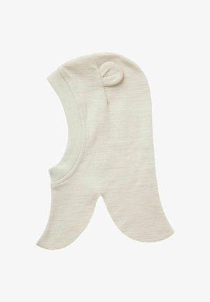 Heledbeez balaklava stiilis mütsi, mis on valmistatud pehmest ja venivast kangast. Omab ümarat pead ja sakilise äärtega, peal on kangast nööbiga detail.